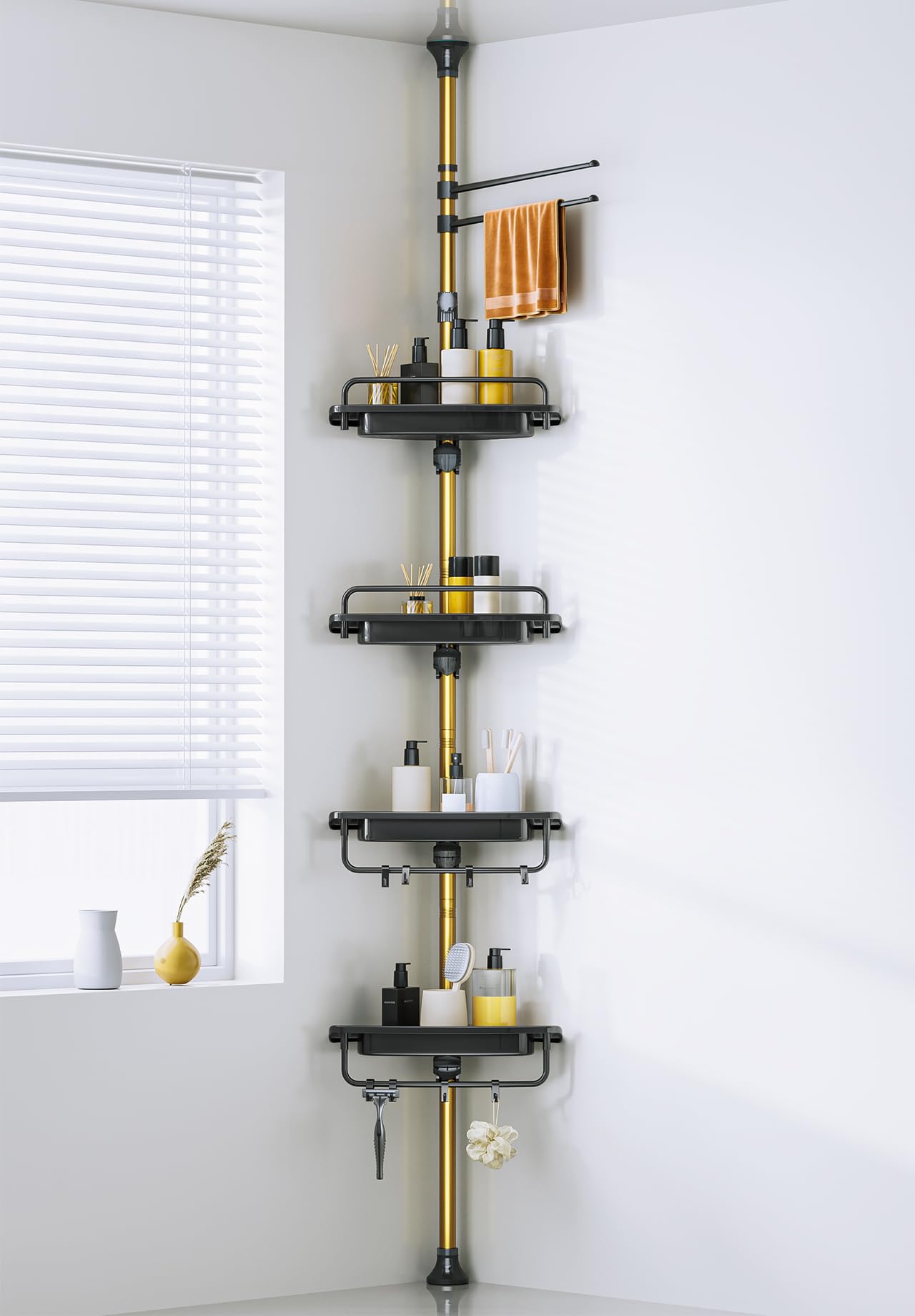 Upgrade Stabiler Dusch-Caddy mit Spannstange, Schwarz und Gold, Eck-Dusch-Caddy 18/8 Edelstahl, rostfrei, 4 Etagen, verstellbare Ablagen für Badewanne, Shampoo, Zubehör, Aufbewahrungsregal,