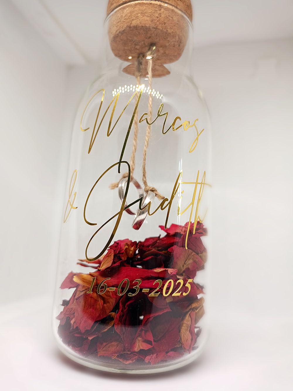 Pot pour alliances personnalisé, porte-alliances, avec pétales de rose séchés naturels et corde pour accrocher les alliances de mariage
