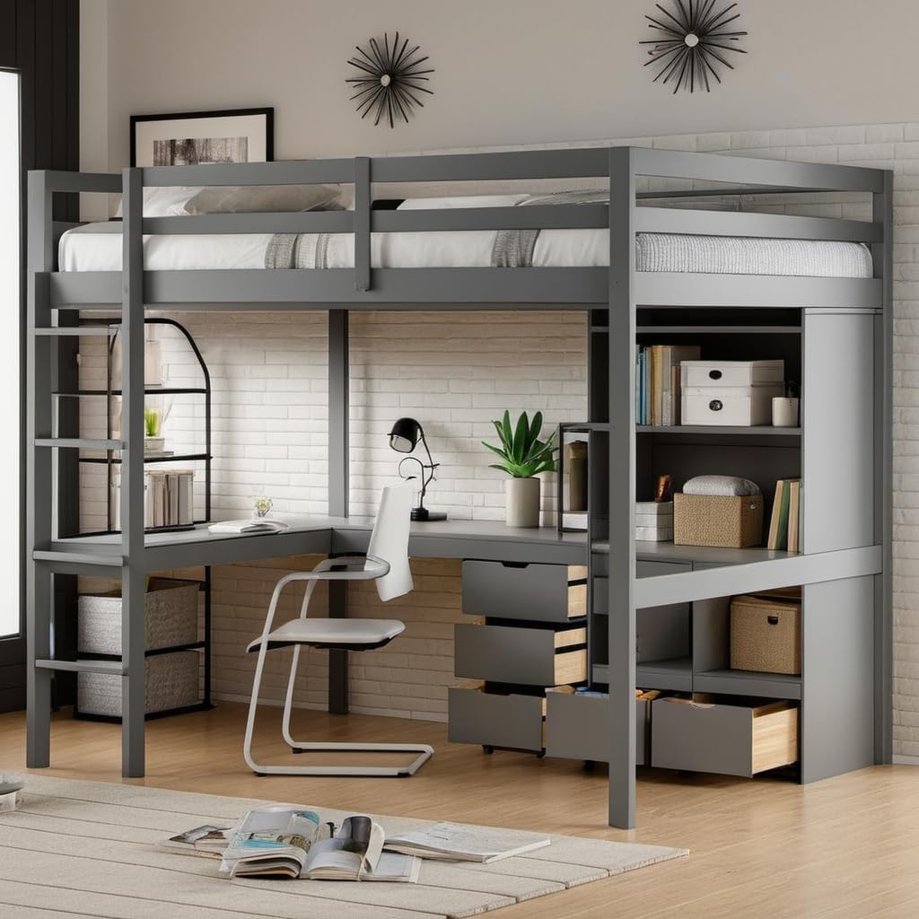 Full Size Loft Bed with Desk & Storage Shelves & Storage Drawers for Kids,Teens,Adults,High Loft Bed with Built-in Ladder & Guardrails,Space Saving,White