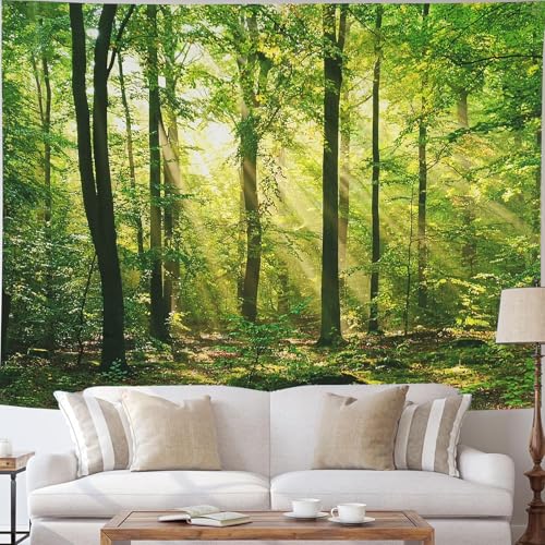 TUGCAY Tyndall Effect Forest Tapestry Sunlight Trees Tapestry Green Nature Landscape Scenery Wall Hanging Tapestries Decor for Bedroom Living Room (90.6 x 70.9)