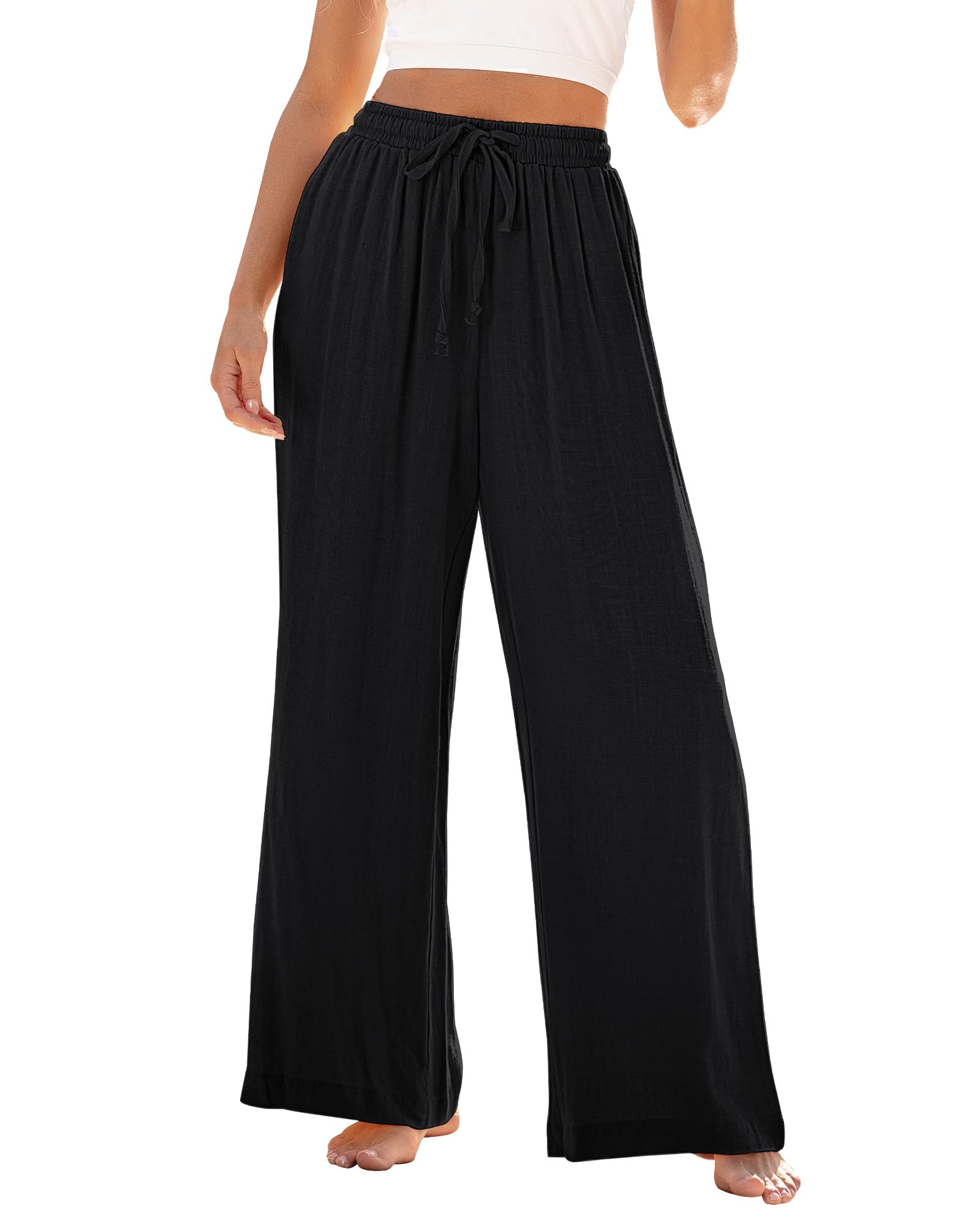 GRAPENT Wide Leg Pants Woman Linen High Waisted Pull On Flowy Casual Baggy Drawstring Palazzo Trousers Pants Resort Wear