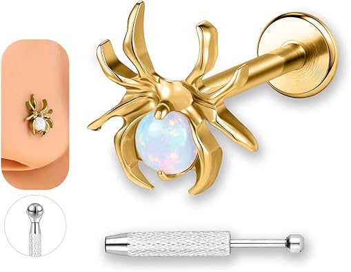 16G Gothic Punk Spider Opalite Helix Earrings Studs