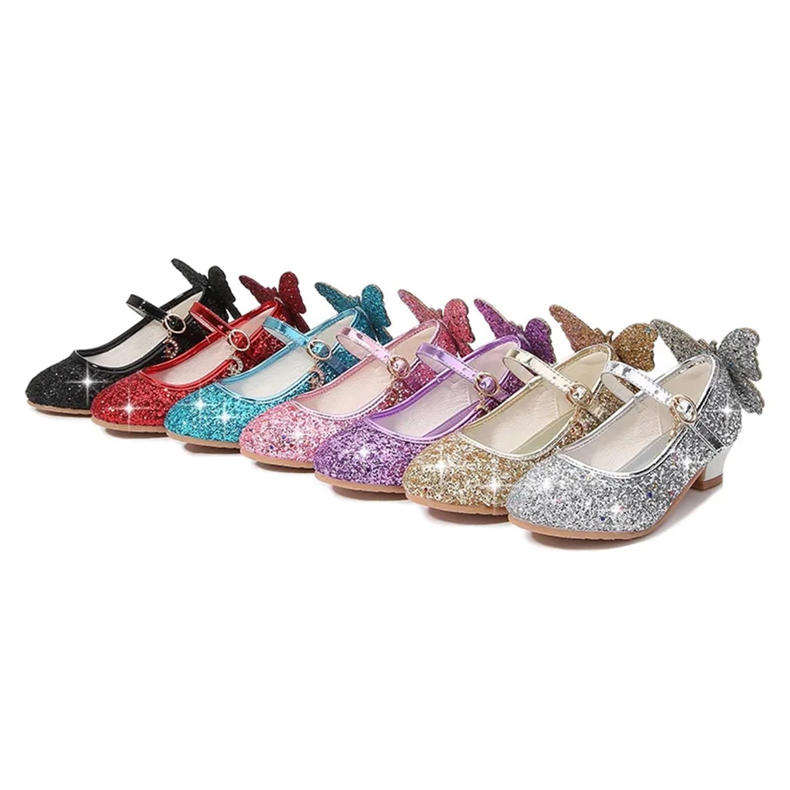 Zapatos de baile con purpurina for niña, de moda, de princesa, mariposa, de cuero, con lazo de diamante, tacón alto, for fiesta(Pink,29)
