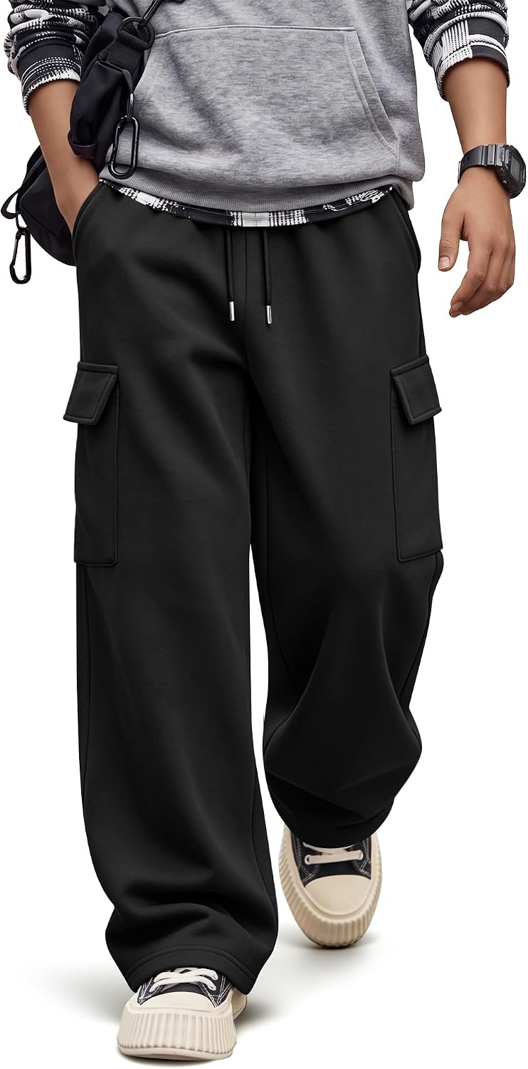 Boys Cargo Pants Kids Wide Leg Sweatpants Drawstring Elastic Waist Open Bottom Joggers with Pockets 7-16Y Youth