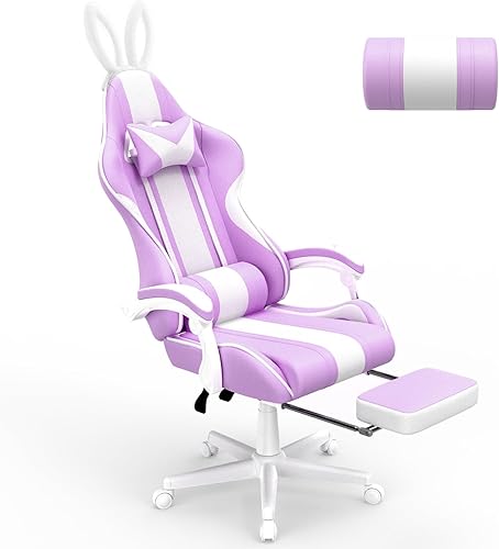 Miniatura 10 de Ferghana Kawaii Bunny Ears - Silla de juegos con reposapiés y masaje, sillas ergonómicas de cuero para niñas, adultos, adolescentes y niños, color