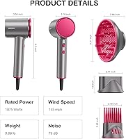 Vista 9 de High-Speed Hair Dryer 110,000 RPM, 1875W Ionic & Plasma Blow Dryer with Diffuser, Concentrator & Comb, 550 Million Ionic Hairdryer with Cool Shot