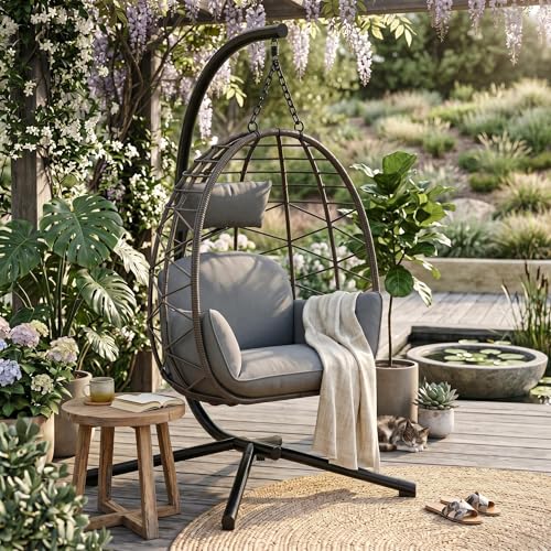 Hängesessel mit Gestell Outdoor bis 150 kg belastbar Rattan Hängesessel mit Metallgestell inkl. wetterfester Schutzhülle klappbarer Hängekorb für Garten Terrasse Balkon Grau