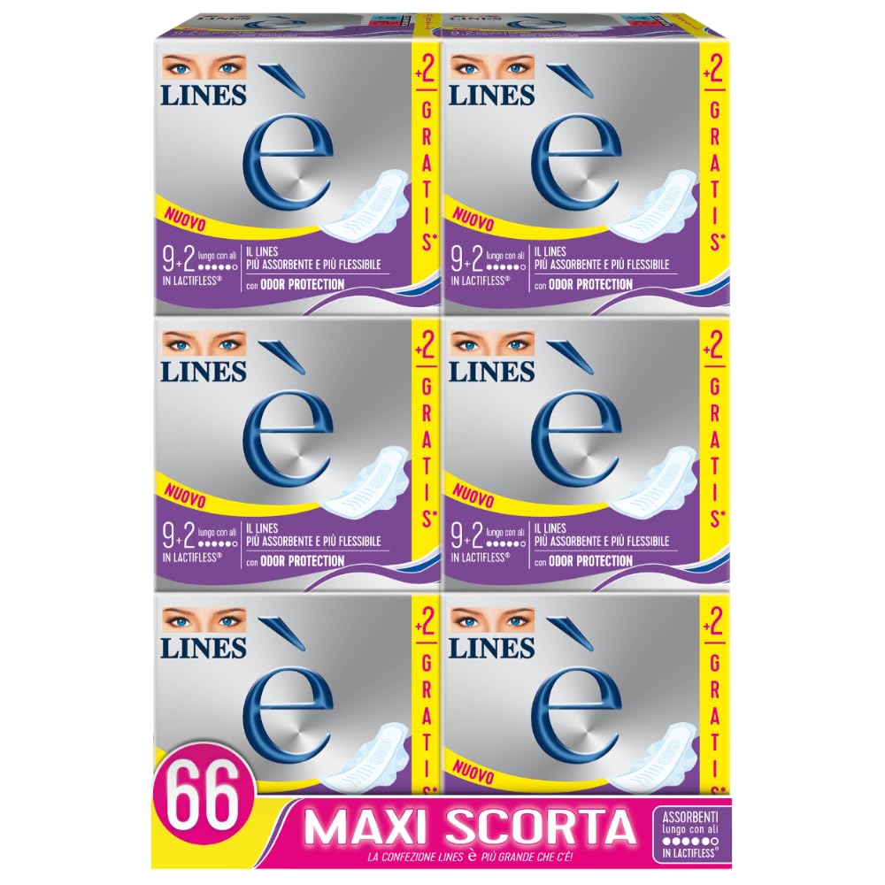 Assorbenti LINES È LUNGO con ali x66 pezzi per ciclo mestruale | l'unico assorbente con struttura in Lactifless, il LINES più assorbente e flessibile della gamma Lines, con Odor Protection