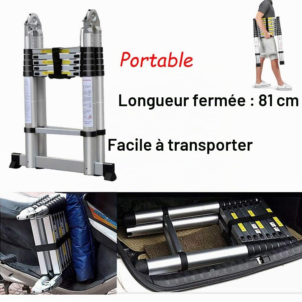 Échelle télescopique 3,8 m - en Aluminium - Échelle coulissante et Cadre A - avec Barre de Support antidérapante - Échelle Pliante antidérapante - Charge maximale : 150 kg (3,8 m/1,9 m+1,9 m)
