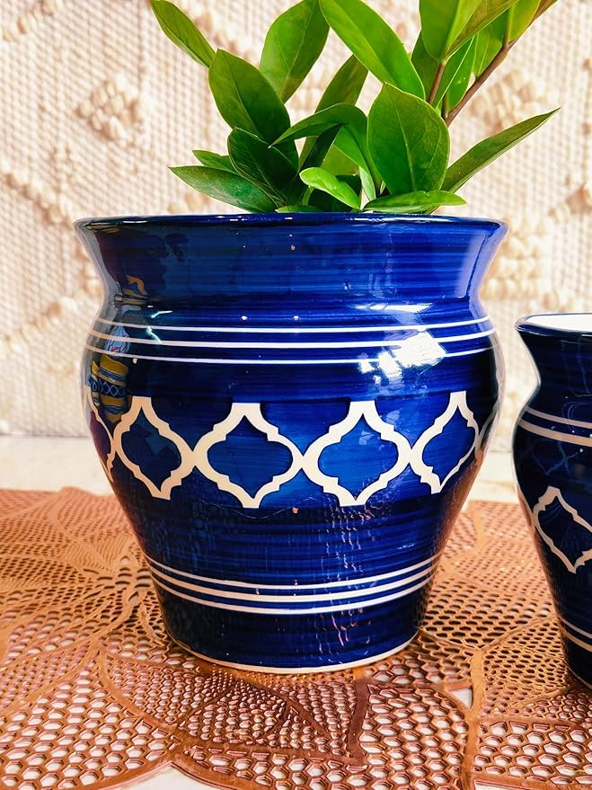 Image of Niyara Stylish Ceramic Pots Planters for Indoor Plants,Succulent,Outdoor,Balcony,Home,Garden,Office (Set of 3) Size -Large 9 inches 7 inches & 5 inches (Moroccan Blue and White Set of 2)