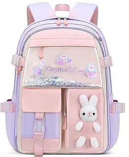 School Backpack for Girls, Lightweight Waterproof Cute Bunny School Bookbag for Teen Kids Students Elementary (Rabbit Purple)
