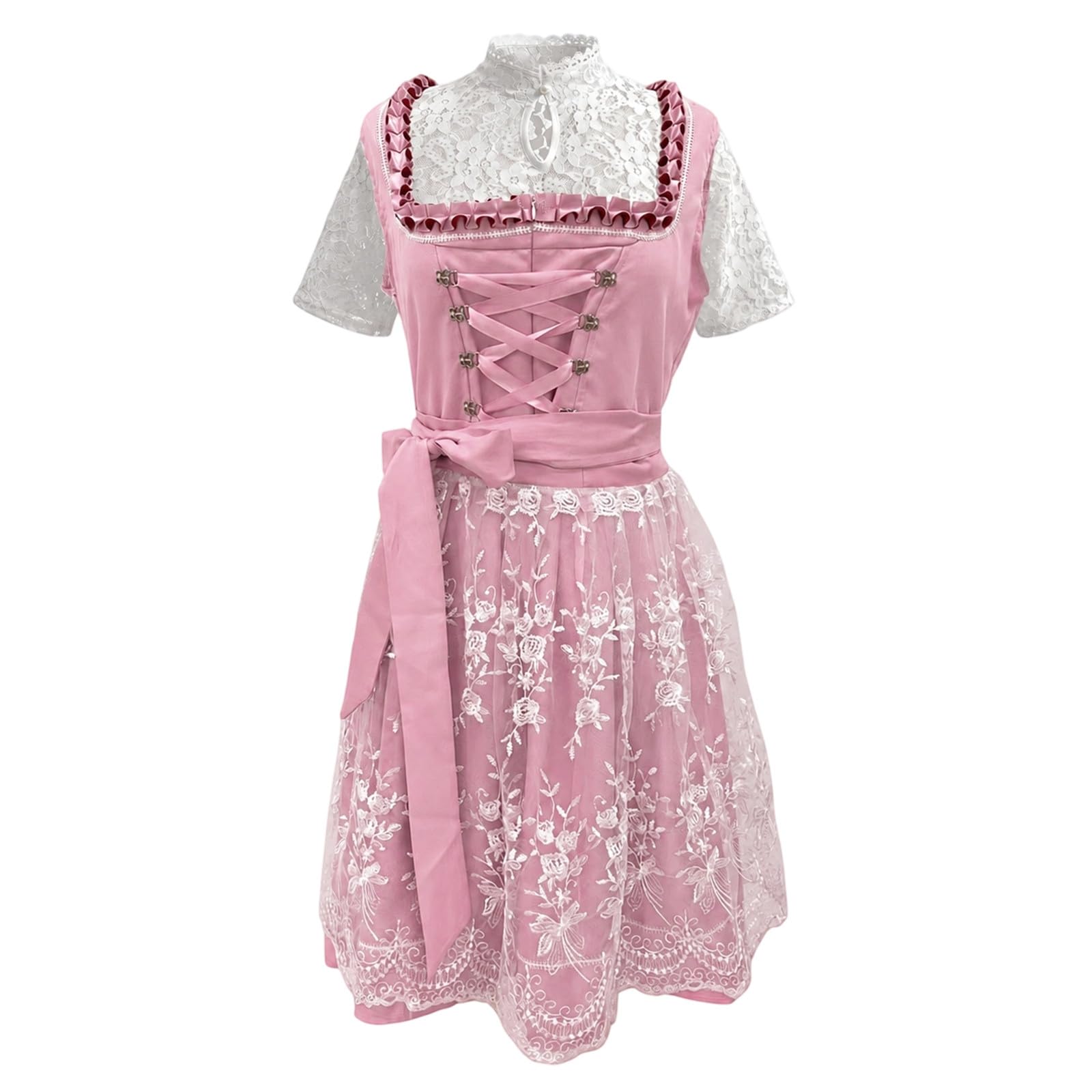 Didadihu Damen 3 Teilig Dirndl Midi Komplettset mit DirndBluse und Spitzenschürze,Elegantes Dirndlkleid Damen Hochgeschlossen,Modernes Trachtenkleid für Oktoberfest Wiesn Trachten Outfit
