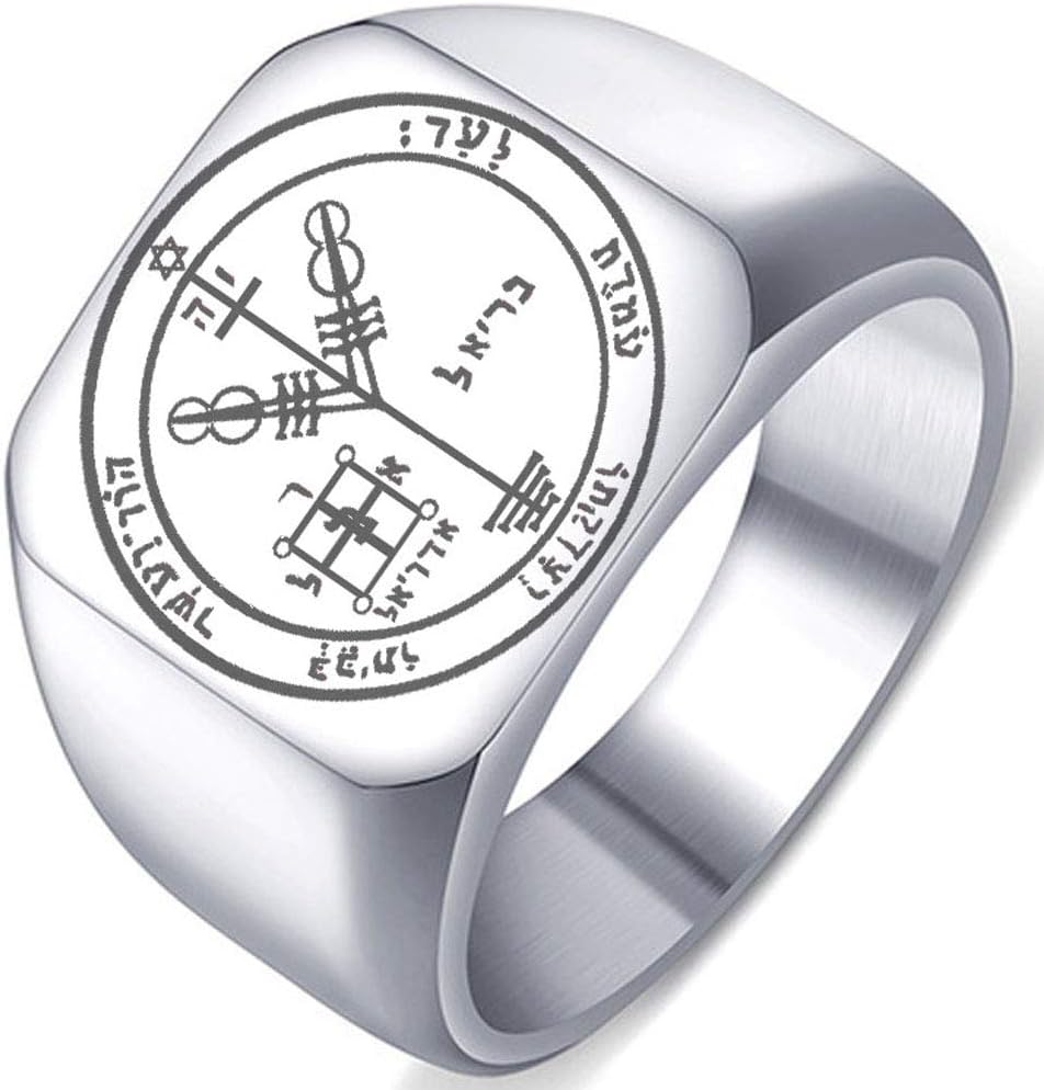 Key of SolomenDetailed Engraved Fourth Pentacle of Jupiter for Wealth Mens Womens Stainless Steel Polished Talisman Ring