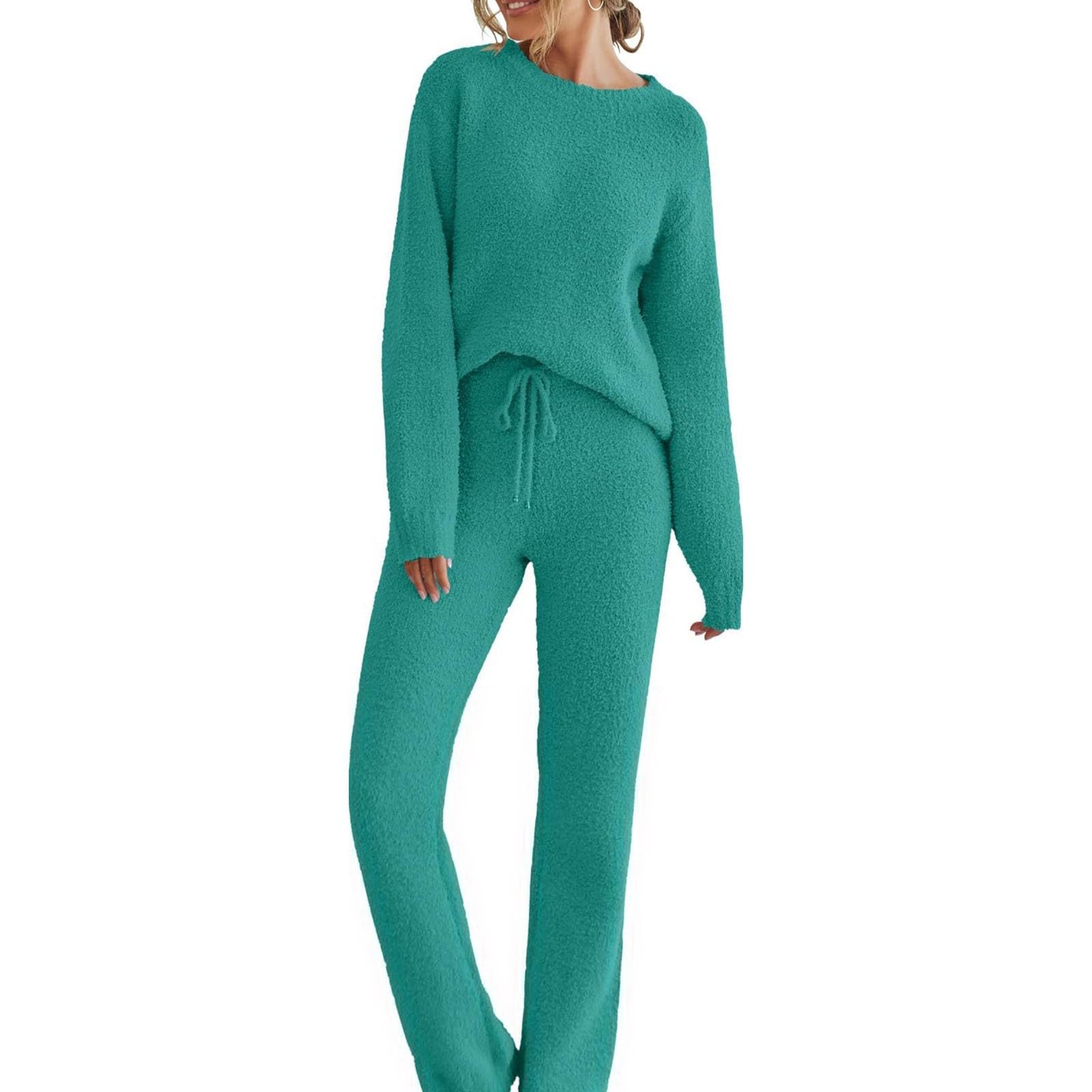 Pigiama lungo da donna, morbido e caldo, set di biancheria da notte in pile, 2 pezzi, maglioni e pantaloni di peluche con coulisse, tinta unita, per il tempo libero, comodo locker