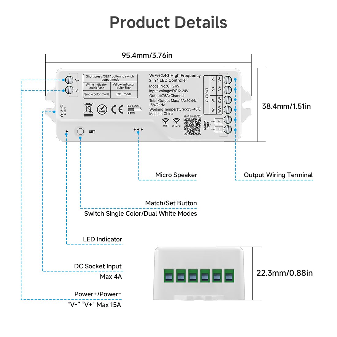 SEZO CH21W 2IN1 WiFi 2.4G RF LED Controller 20kHz Alta Frecuencia PWM Dimmer | DC12V-24V Control Monocolor CCT LED tiras para sin parpadeo, sin sonido, compatible con Alexa, Tuya y Smart Life App