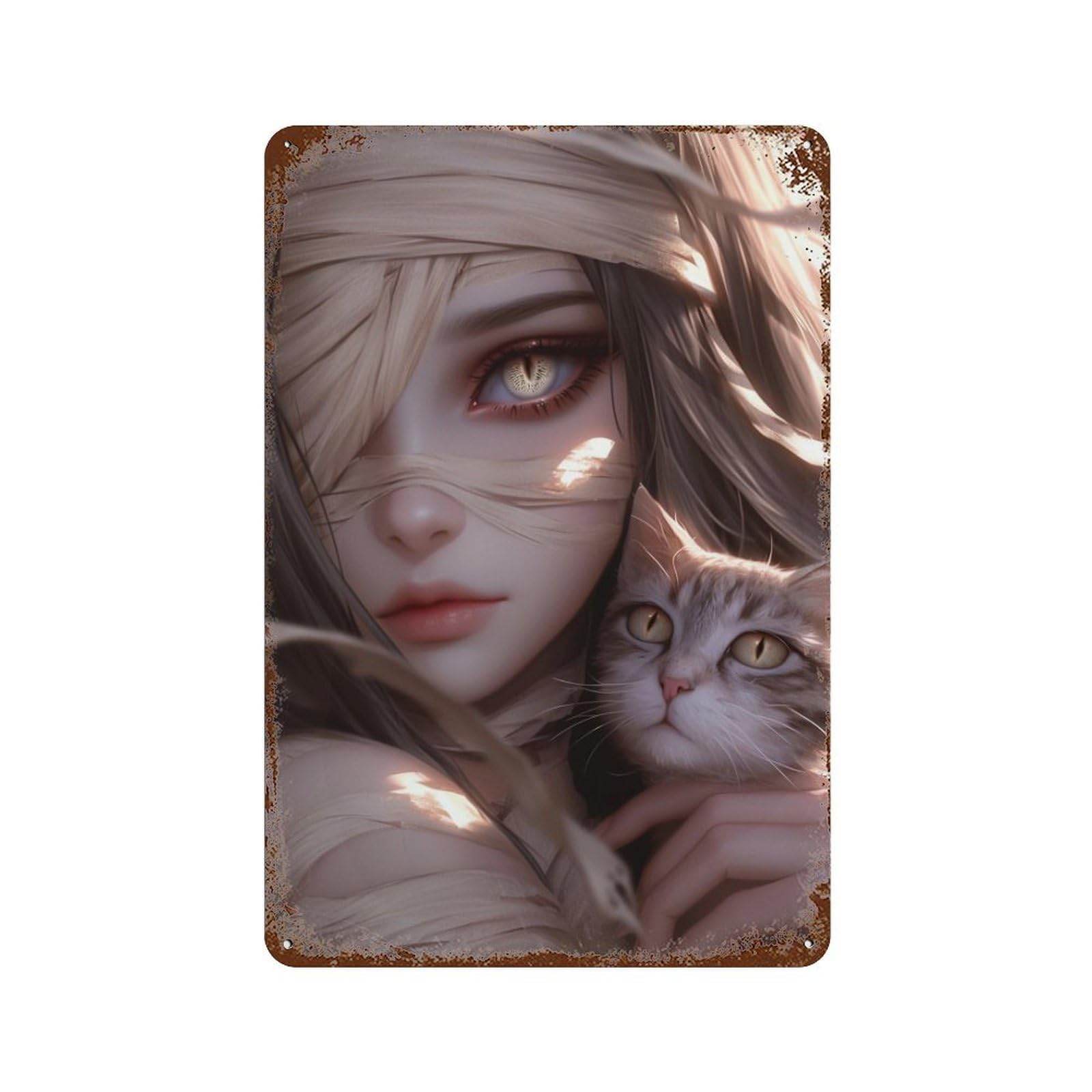 Ethereal Beauty with Feline Companion-1 Aged Metal Wall Plaque 11.8"x7.9", Industrial Home Decor for Garage, Pub Or Kitchen