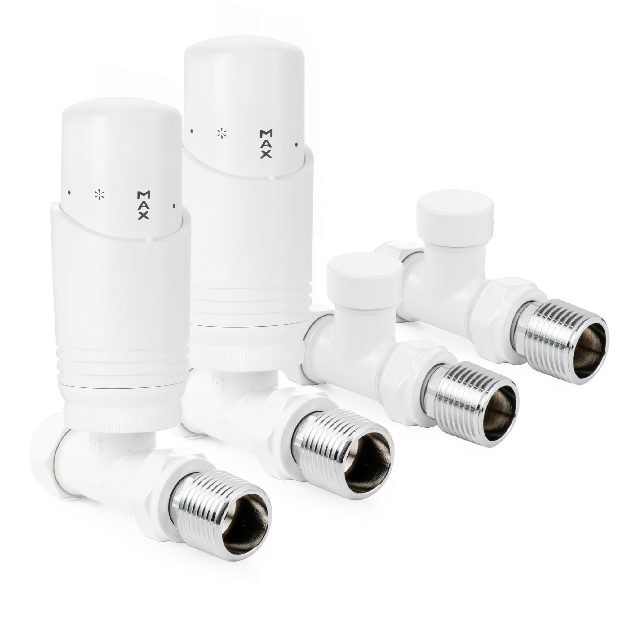 VANCOCO 2 Pack Glossy White Thermostatic Radiator Valve 1/2"×15mm Straight with Lockshield, Thermostat TRV Set, H62 Brass, Energy Saving — image 1