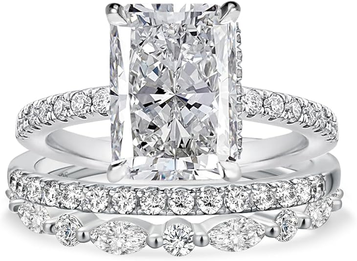 Maxinejewelry 3.5CT Radiant Cut Bridal Wedding Ring Set, 3-Piece 925 Sterling Silver AAAAA Grade Cubic Zirconia Engagement Ring Sets for Women