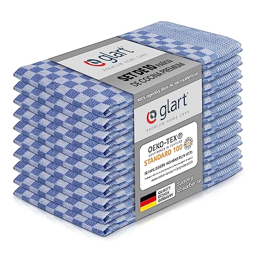 Set de 10 toallas de cocina Glart 48SB 50x70 cm de 100% algodón en azul, certificado OEKO-TEX Standard 100, sin pelusa, lavable, prelavado para la cocina y el lavado.