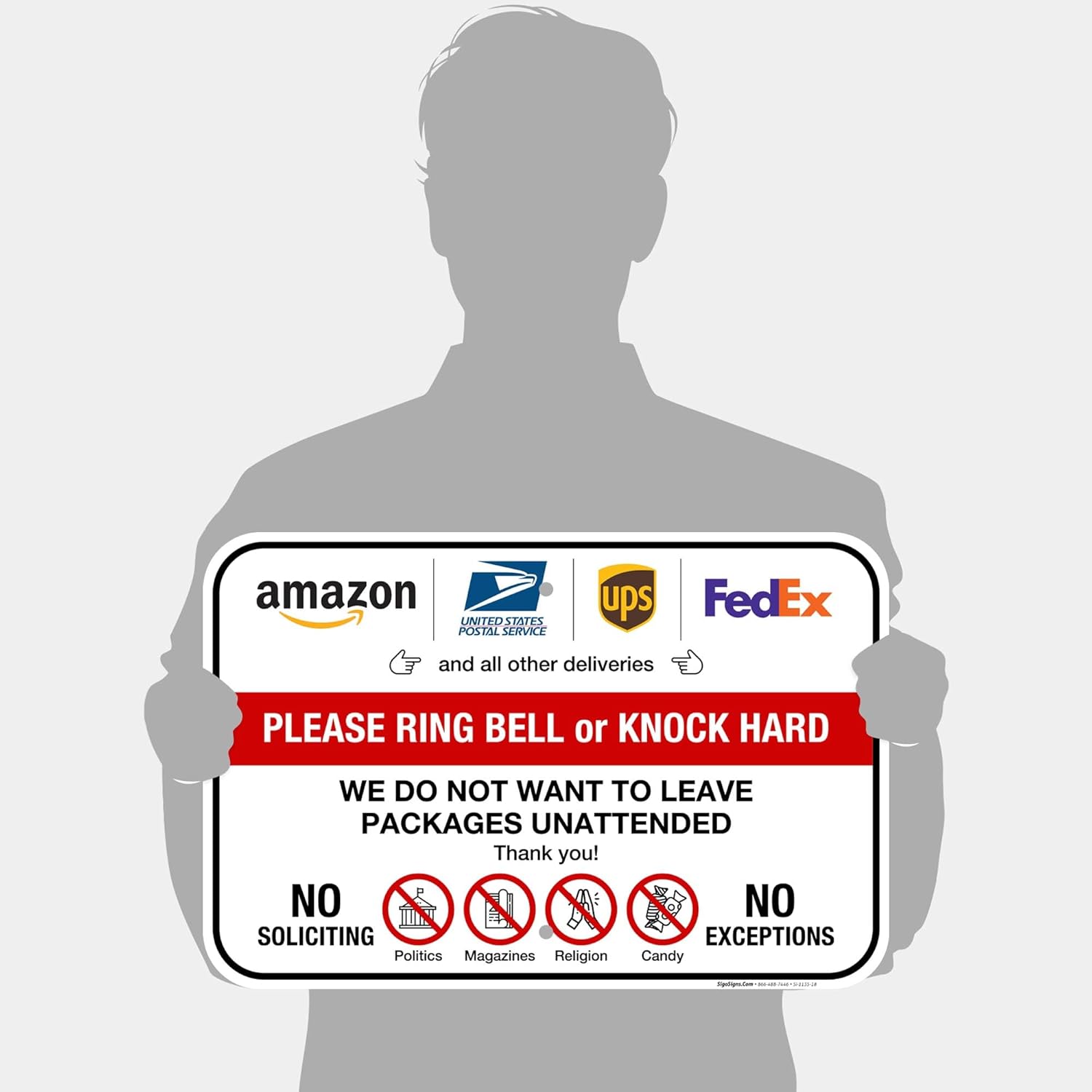 Do Not Leave Packages Here Sign, Please Ring Bell Or Knock Hard, 12x18 Inches, Rust Free .063 Aluminum, Fade Resistant, Made in USA