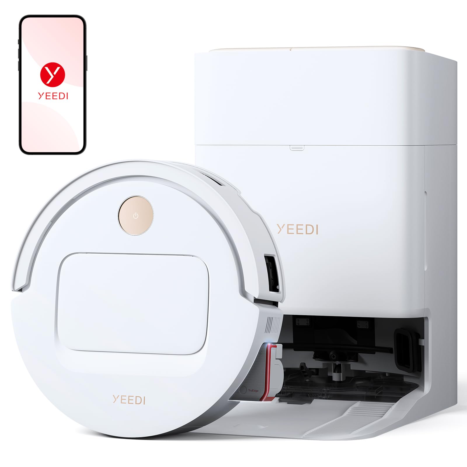 Robot aspirador y trapeador Yeedi M14 Plus con estación todo en uno, 18000 Pa, rodillo OZMO, autolavado instantáneo, fregado con agua caliente de 167°, autosecado, ZeroTangle 3.0, vaciado automático, color blanco