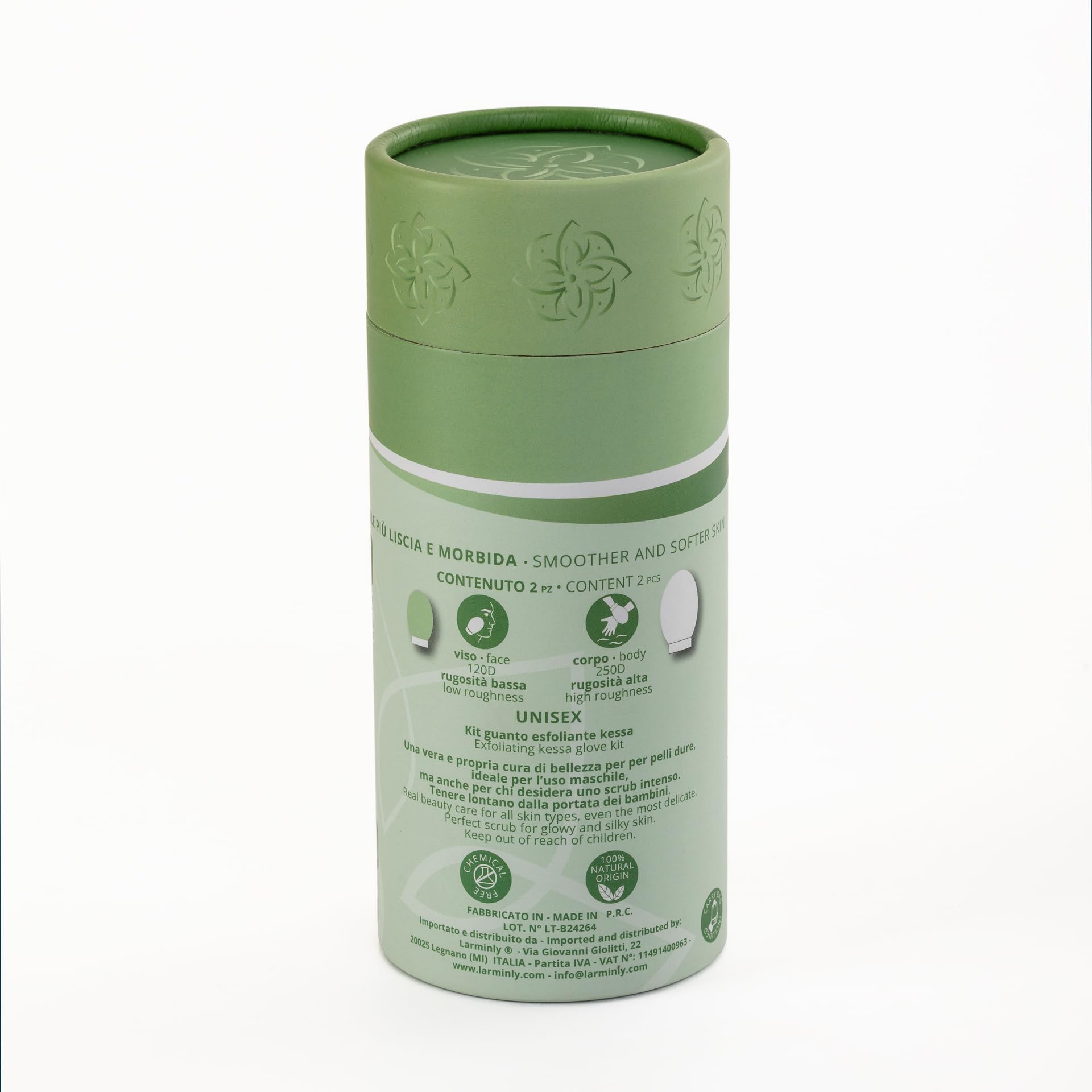 Larminly Guanto Esfoliante Corpo Kessa Hammam 100% viscosa di origine naturale, set 2 pezzi scrub corpo 250D rugosità alta e peeling viso 120D rugosità delicata.