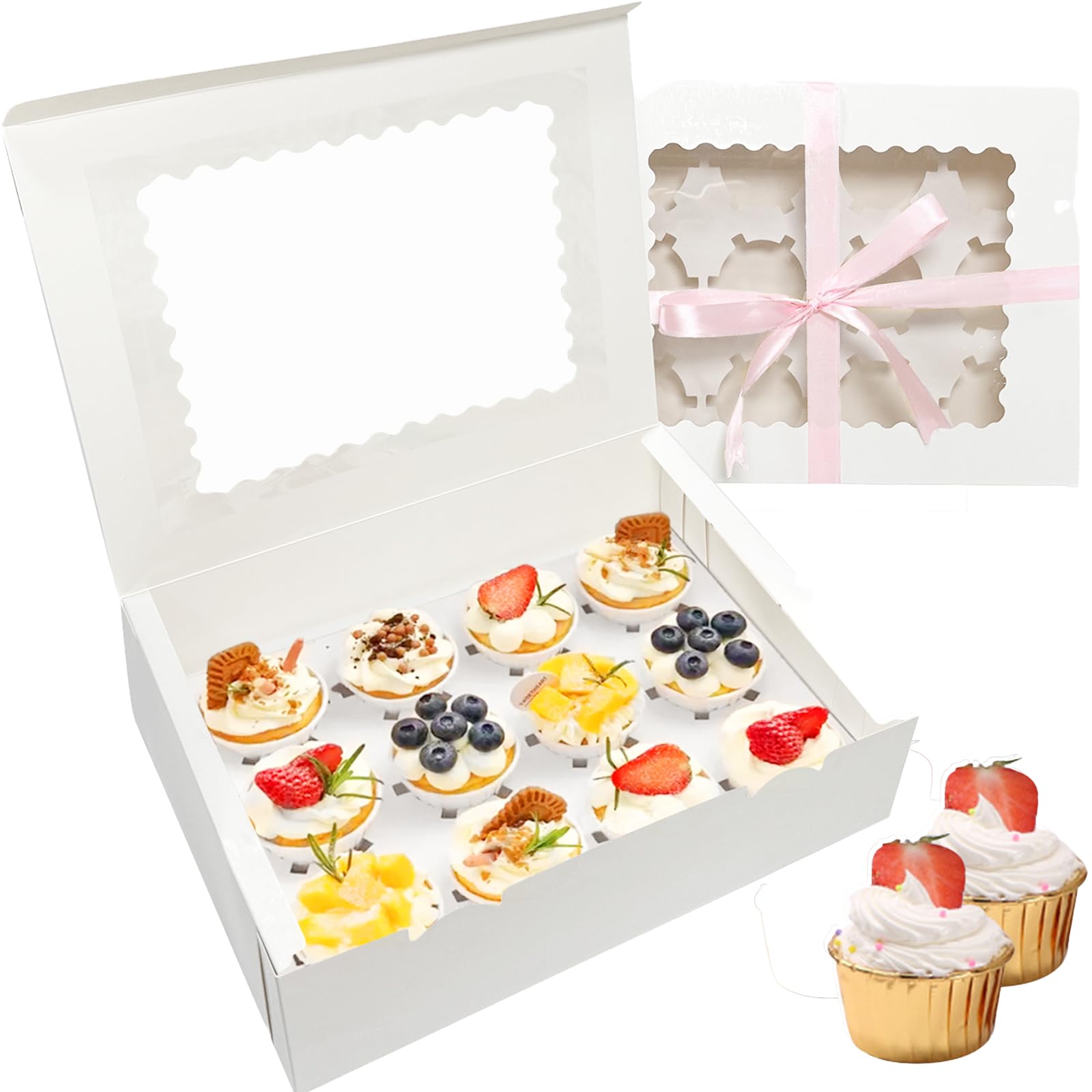 ISWEES20PCS White Cupcake Boxes - Hold 12 Count Cupcake Containers with Window and Inserts, Food Grade Cupcake Holders for Birthday Holiday Party Bakery Supplies 12.8"x10"x3.5"