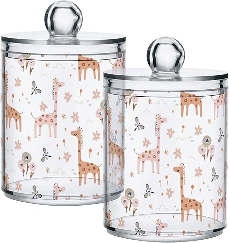 xigua Paquete de 2 bonitos tarros de boticario de jirafa con tapa recipientes de almacenamiento Qtip para bolas de algodón hisopos almohadillas