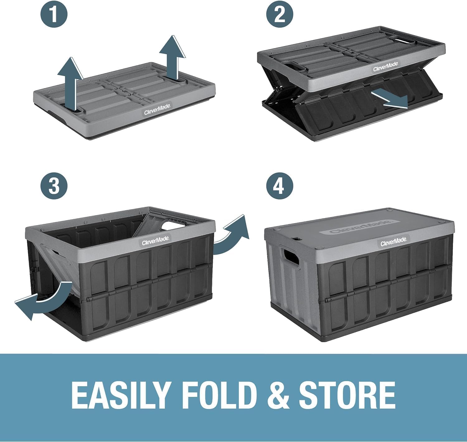 CleverMade Collapsible Storage Bin (With Lid), Ocean, 3PK - 46L (12 Gal) Folding Plastic Stackable Utility Crates, Holds 75lbs Per Bin - Solid Wall CleverCrates for Organizing, Storage, Moving