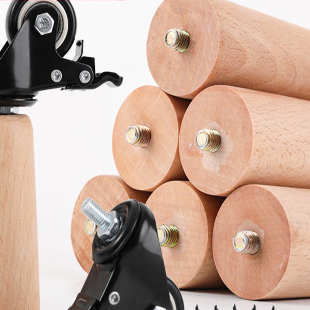 Confezione da 4 gambe regolabili per tavolo, piedini per mobili in legno massiccio con ruote dei freni, design rotondo conico, perfetti per armadi e progetti fai da te (altezza 10 cm)