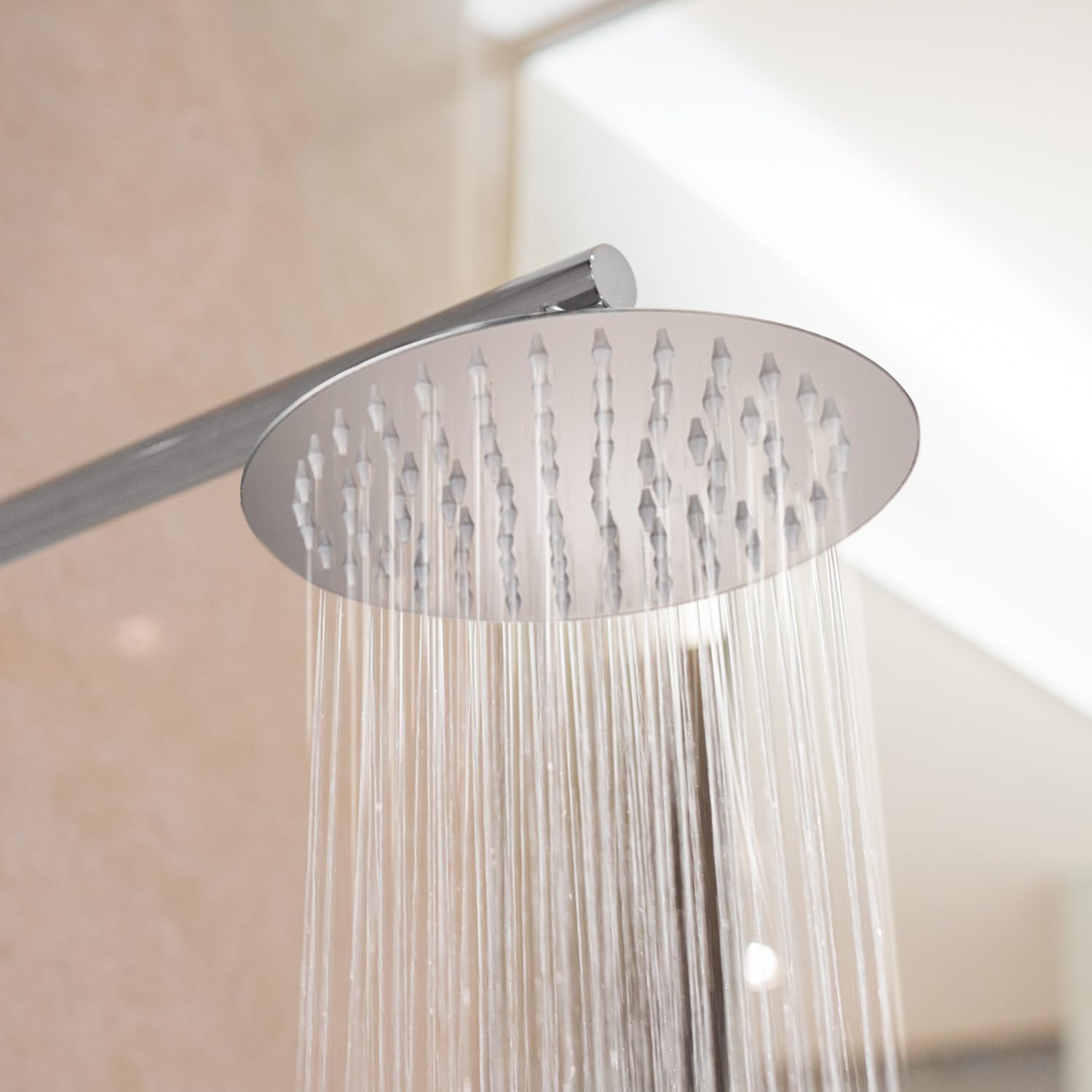 Amazon Basics Stainless Steel Round High-Pressure Rainfall Shower Head for Bathroom | Ultra-Thin Design and Eco-Friendly Features | Chrome Finish 6 inch (without shower arm)