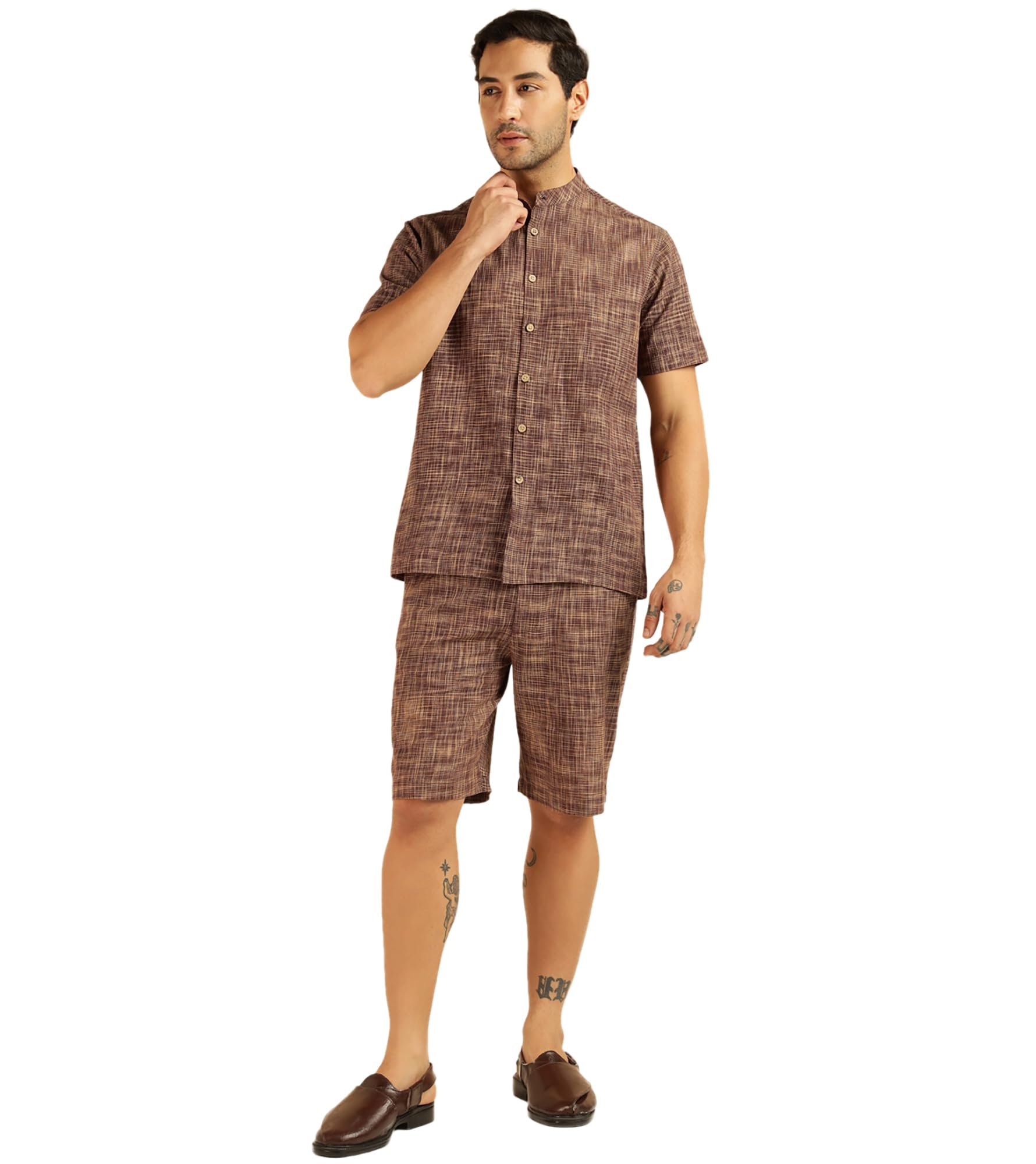 Men's Striped with Solid Pure Cotton Co-Ord Set For Men|2 Piece Sets|Shorts & Shirts Combo|Vacation Dress|Casual|Latest|New (Brown)-image-48