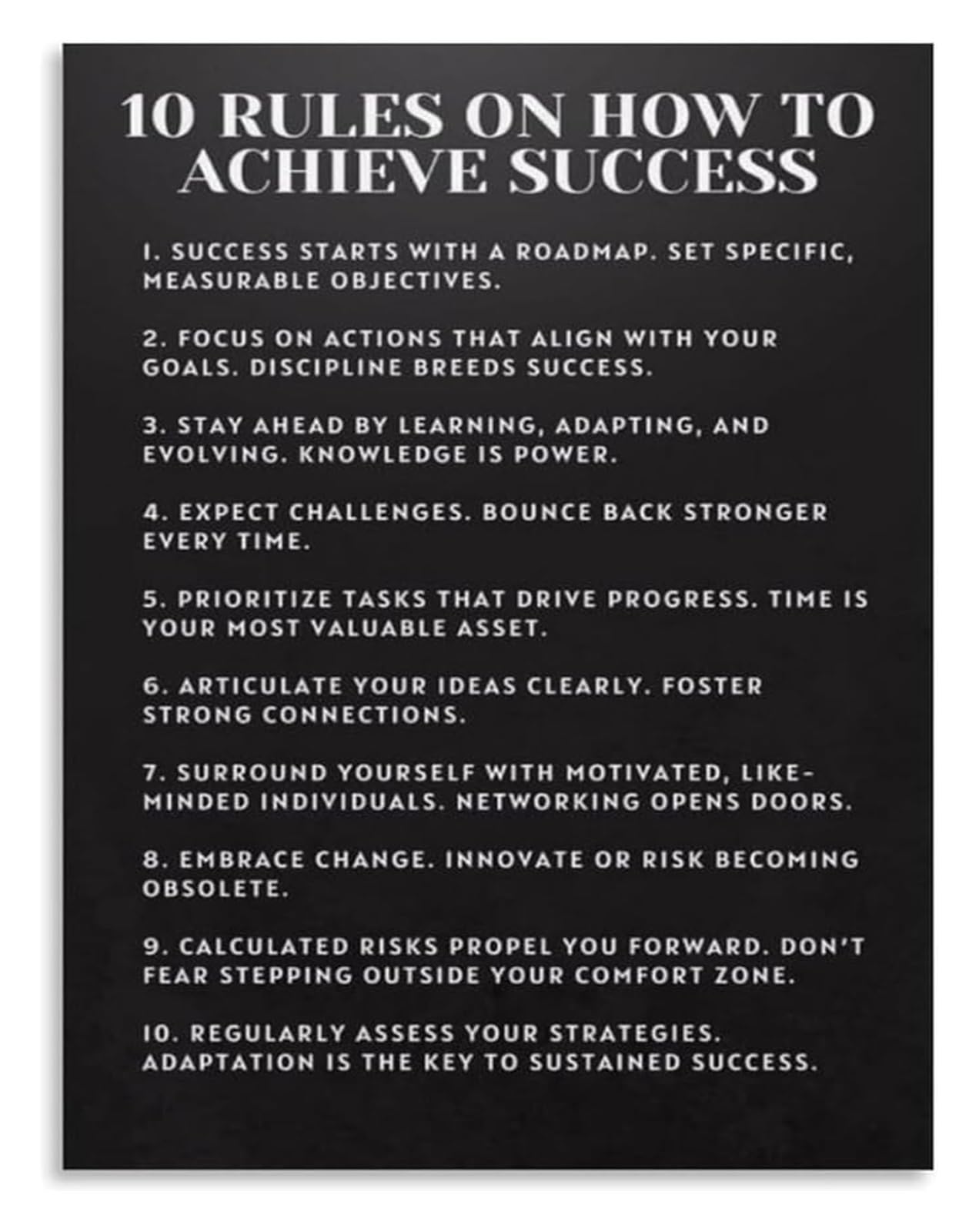 NWPNLXEA Office Decor Motivational Poster 10 Success Rules Inspirational Quotes for Workplace Wall-Art Framed,08x12inch(20x30cm)