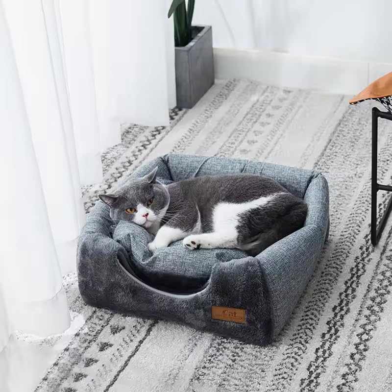 Gokich Cat Beds for Indoor Cats - 2 in 1 Cat Cave for Kittens and Small Pets, Foldable Cat House Tent with Removable Washable Cushioned Pillow, Cat Hideaway with Non-Slip Bottom, Grey (Design_1) 1