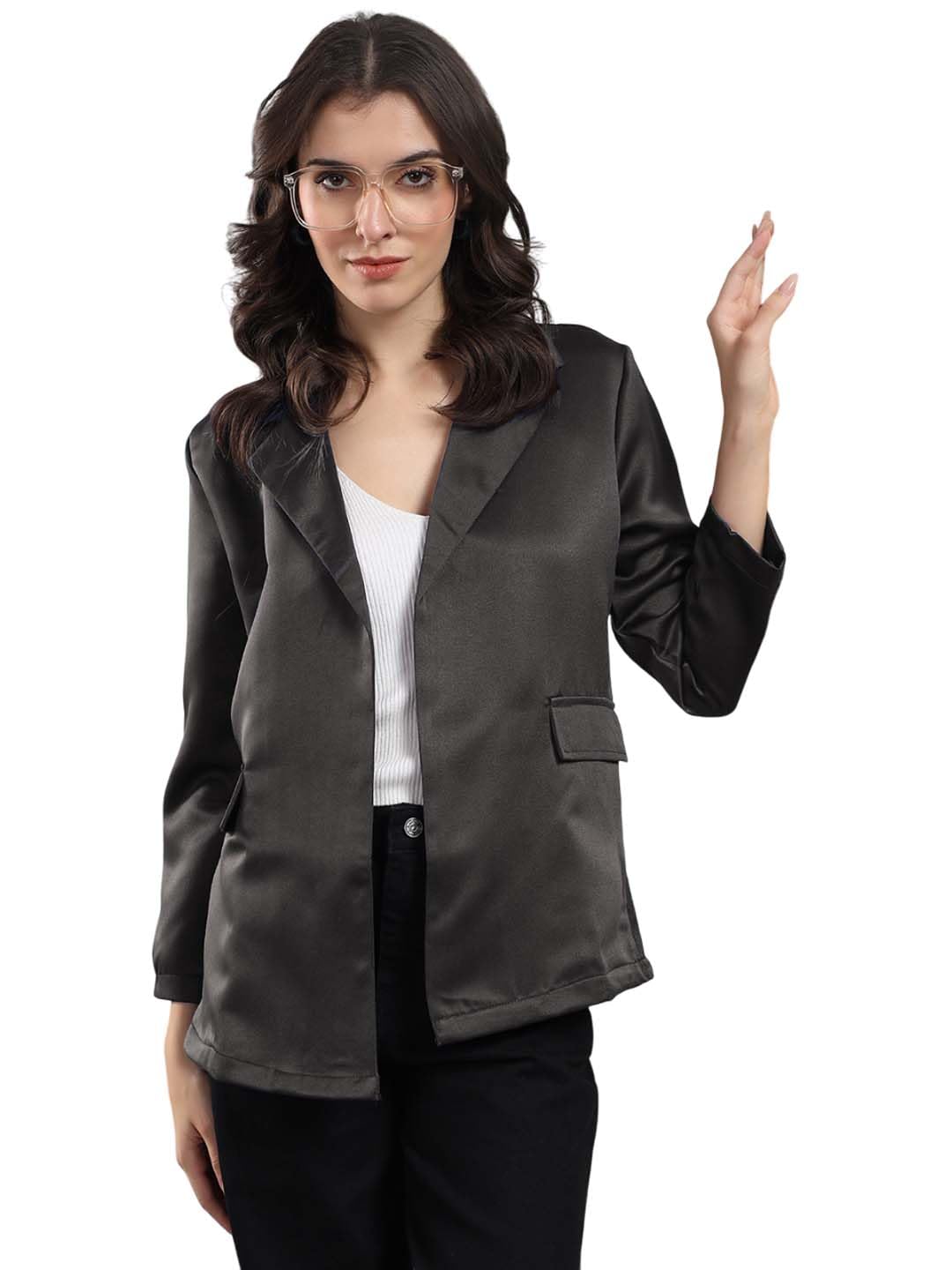kotty Womens Solid Lightweight Black Metal Open Front Blazer-picture-31