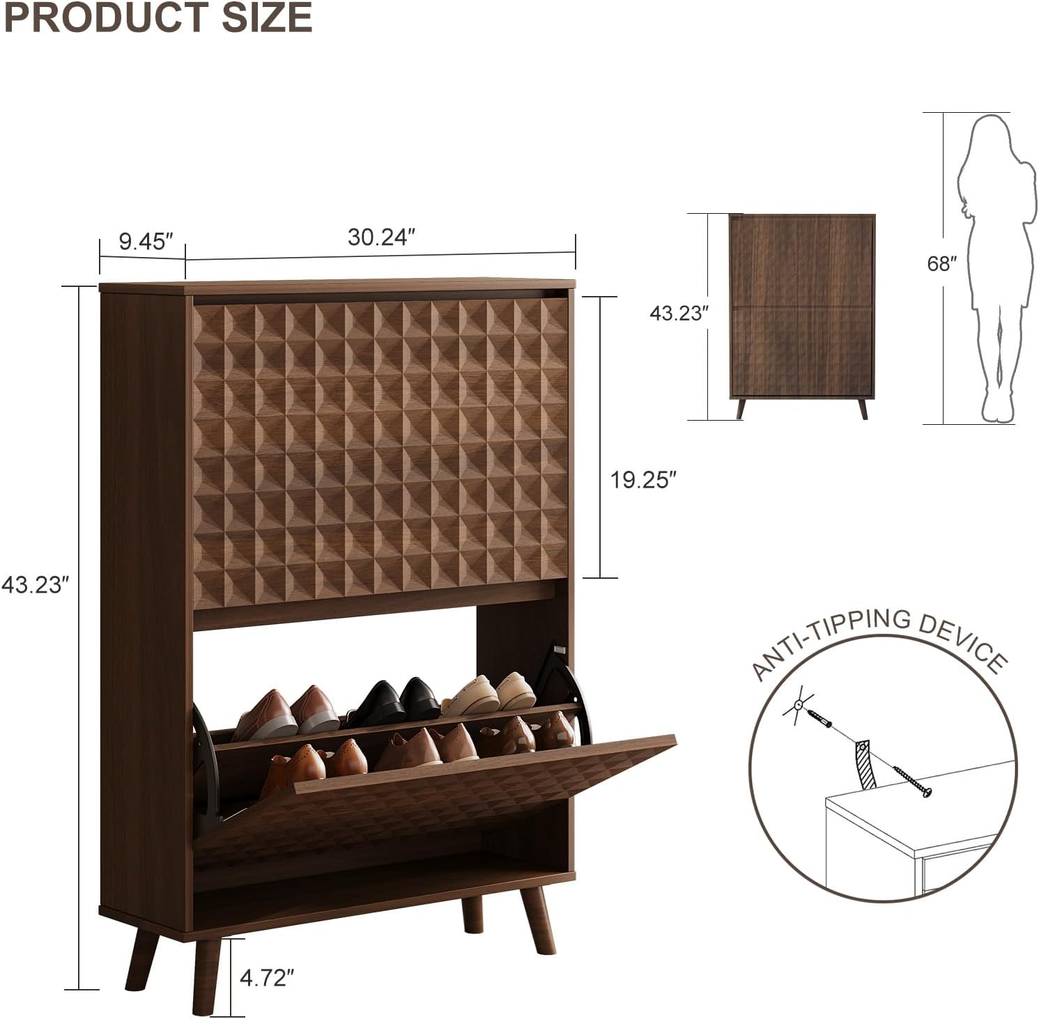 Shoe Cabinet - Shoe Storage Cabinet for Entryway with 2 Flip Drawers, Shoe Storage Organizer, Modern Diamond-Shaped Panel