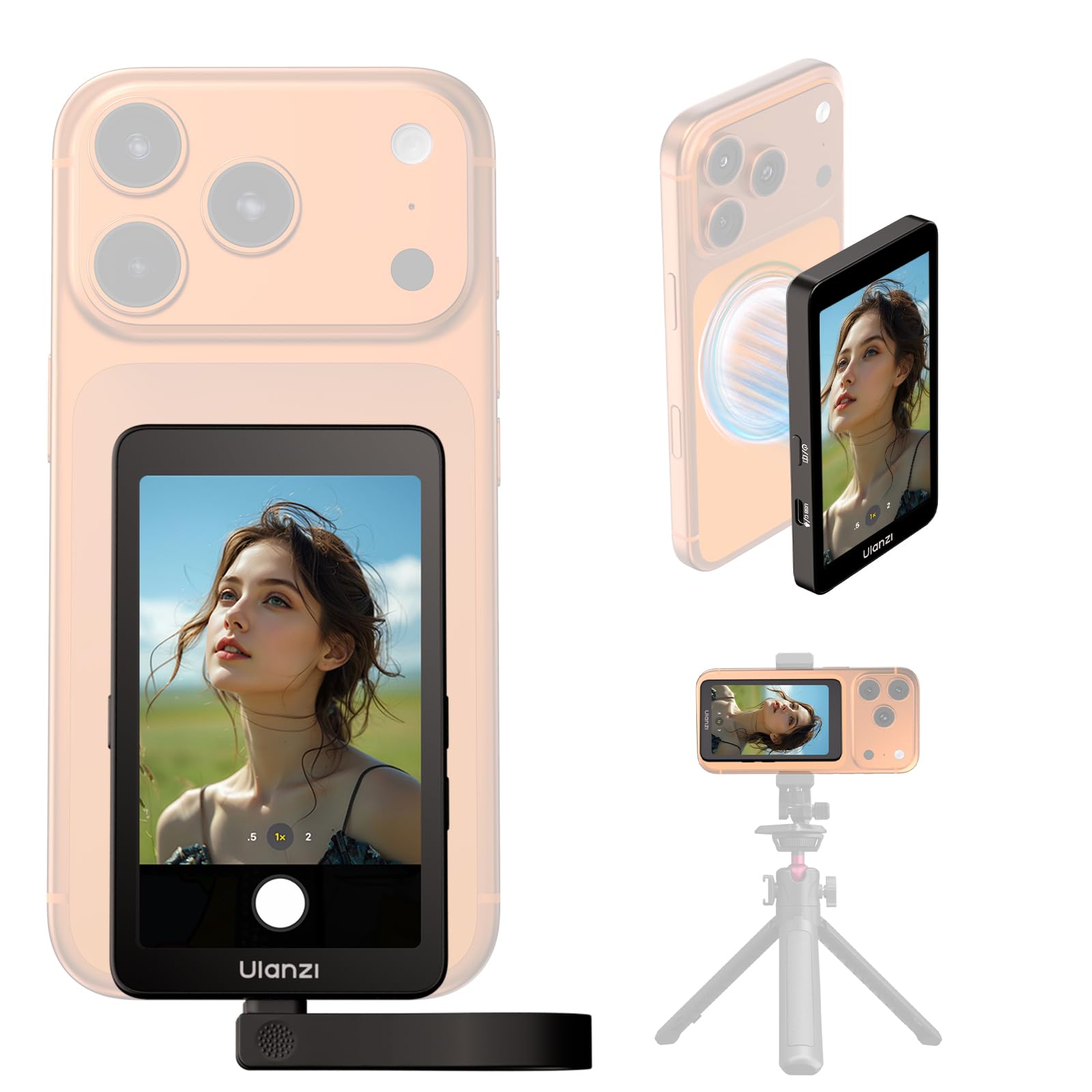 ULANZI VM1 Magnetischer Handy Selfie Monitor 3,97" IPS, 4K 60FPS Vlog Bildschirm, Magsafe Plug & Play, 3-Helligkeitsstufen, USB-C 60W für iPhone 17-15 Android Rückkamera, Live Streaming TikTok YouTube