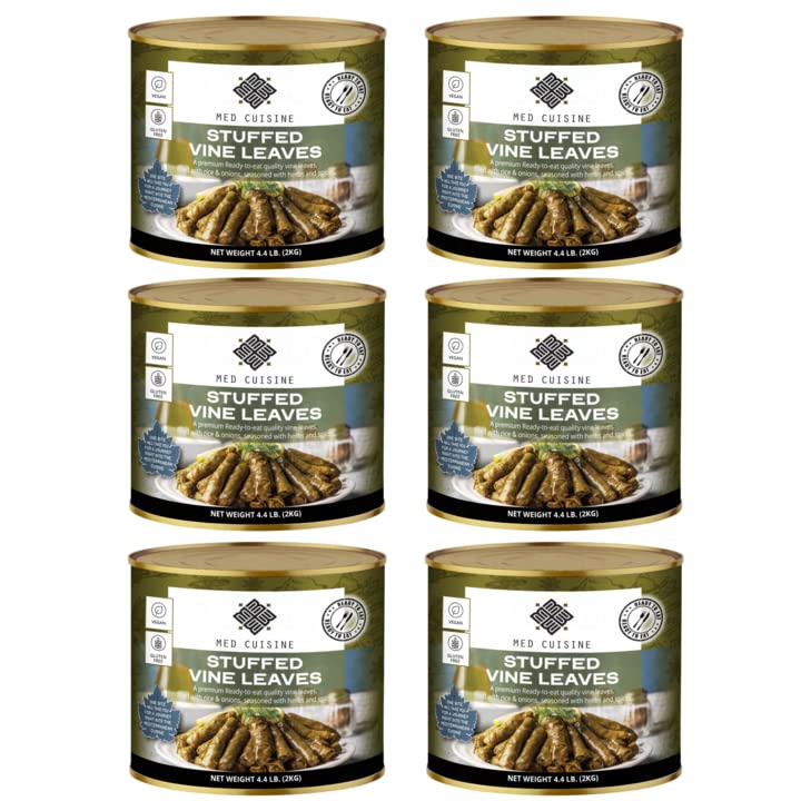 Med Cuisine Dolmades (SVL) 4.4 lbs X 6 - Hojas de uva rellenas con arroz 4.4 libras - 60 unidades x 6  Premium, grande (70 oz), rollos veganos