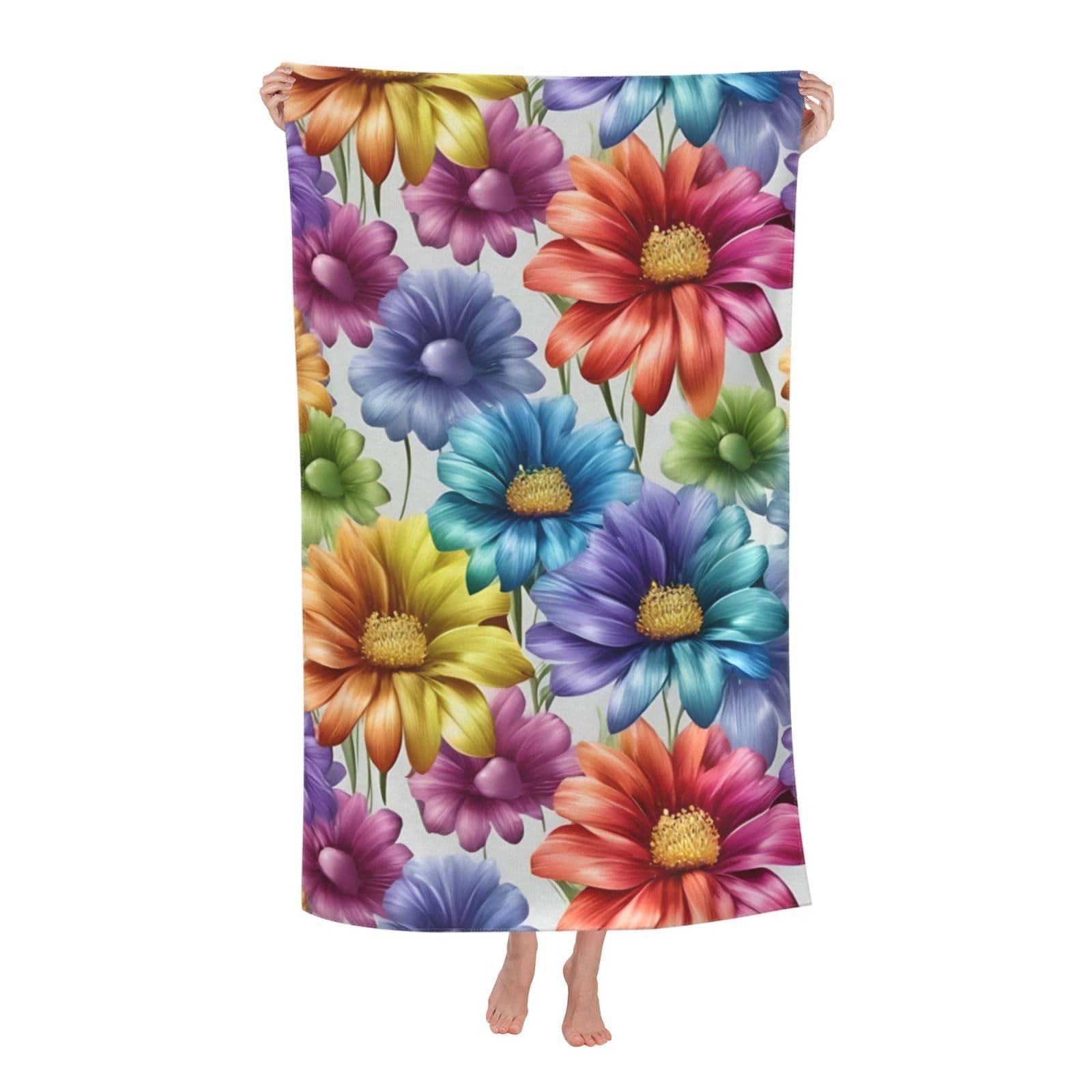 Pojknbv White Rainbow Flowers Print Oversized Adult Beach Towel Quick-Dry Comfortable Lightweight Travel Pool Camping