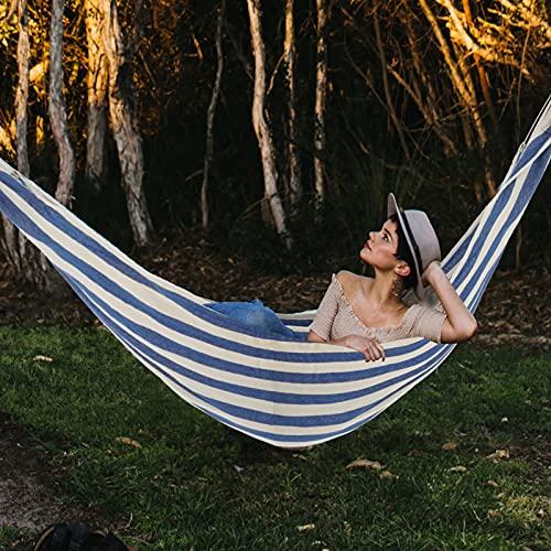 Rooity Double Hammock Brazilian Hammocks With Portable Carrying Bag,Soft Cotton Fabric, Up To 450 Lbs Hanging For Patio,Trees,Garden,Backyard,Porch,Outdoor And Indoor Xxx-Large Stripe (Blue-White) #TOP5