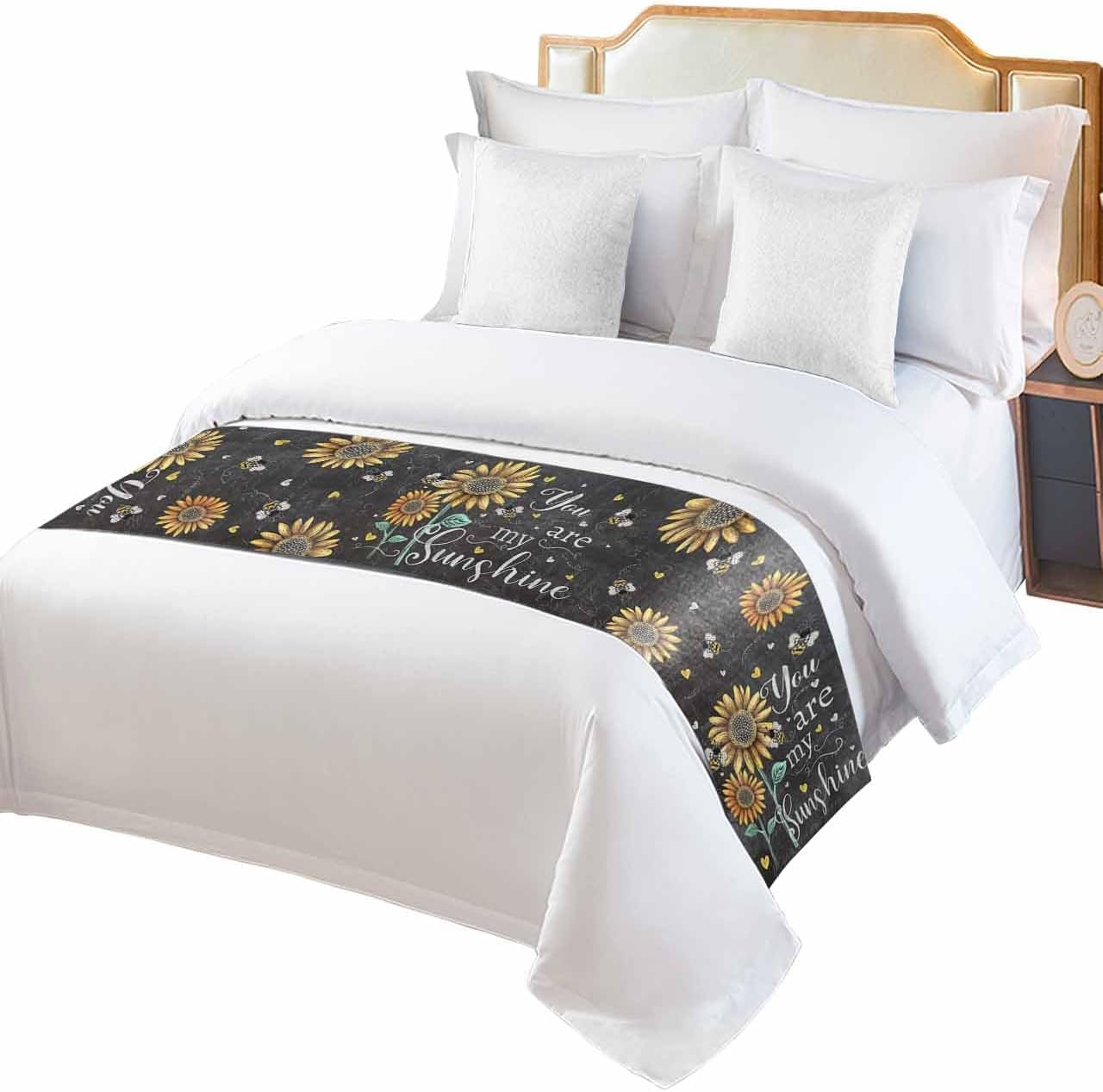 Summer Sunshine Sunflower Bee on Blackboard Bed Runners for Bedroom Hotel,Decorative Bedding Scarf Rustic Floral Bed End Blanket Bedding Runner Scarves for King Size Bed,102x20in