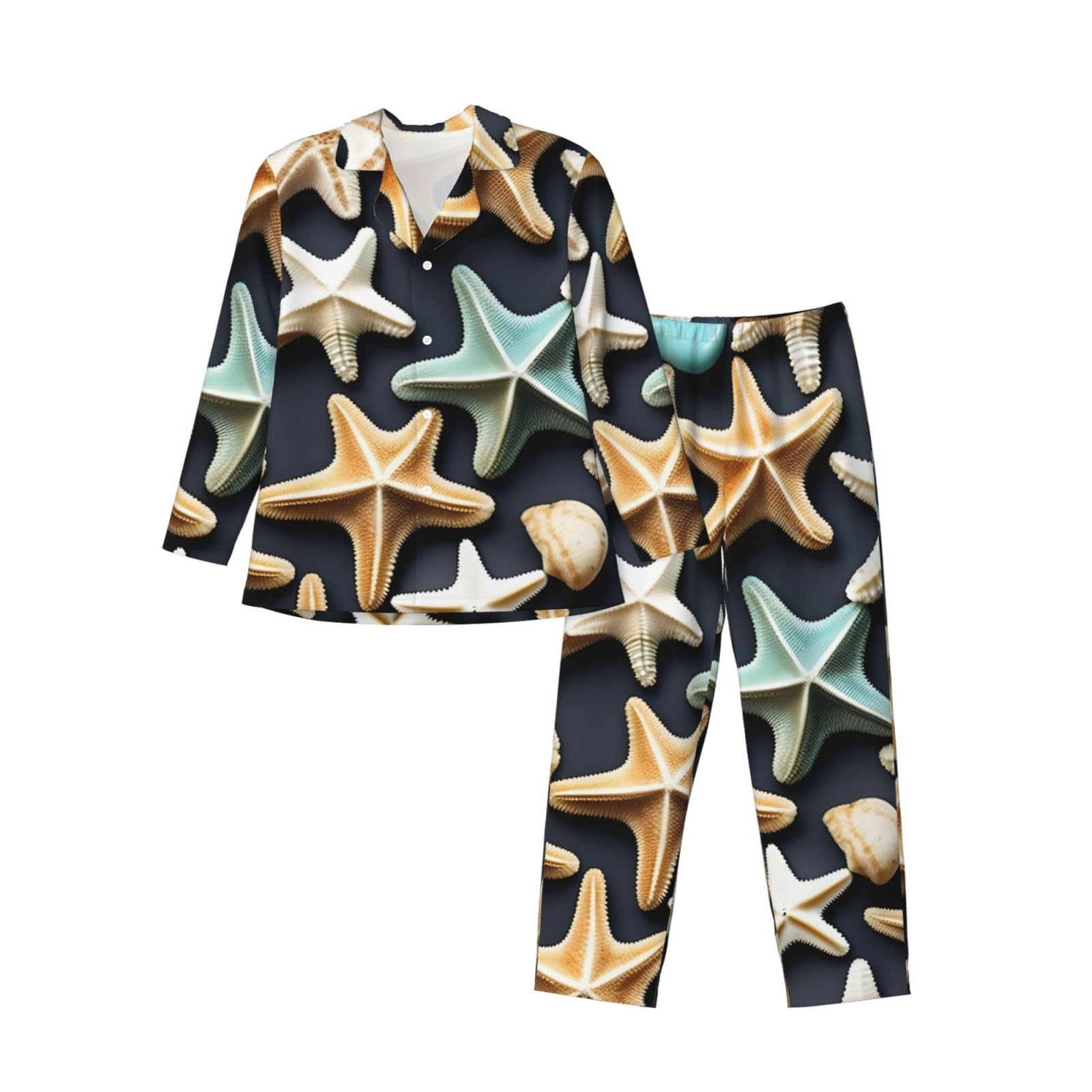 Herren-Pyjama-Set, langärmelig, Seesternmuster, zweiteilig, bequem, Nachtwäsche