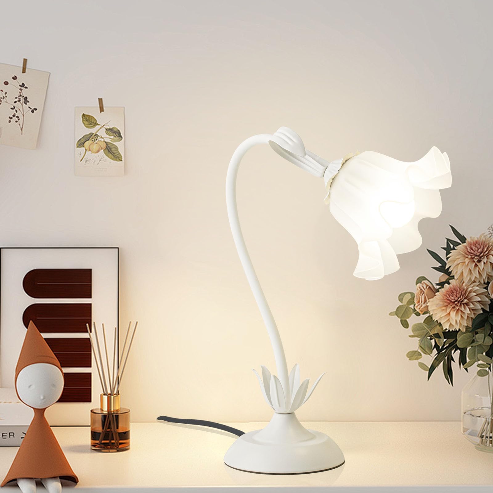 Biała lampa nocna, akrylowa lampa stołowa z kwiatami, metalowa lampka biurkowa dla dziewczynek, abażur z akrylu, wolno obrotowa lampa do sypialni, salonu, z trójkolorowym oświetleniem, 50 cm