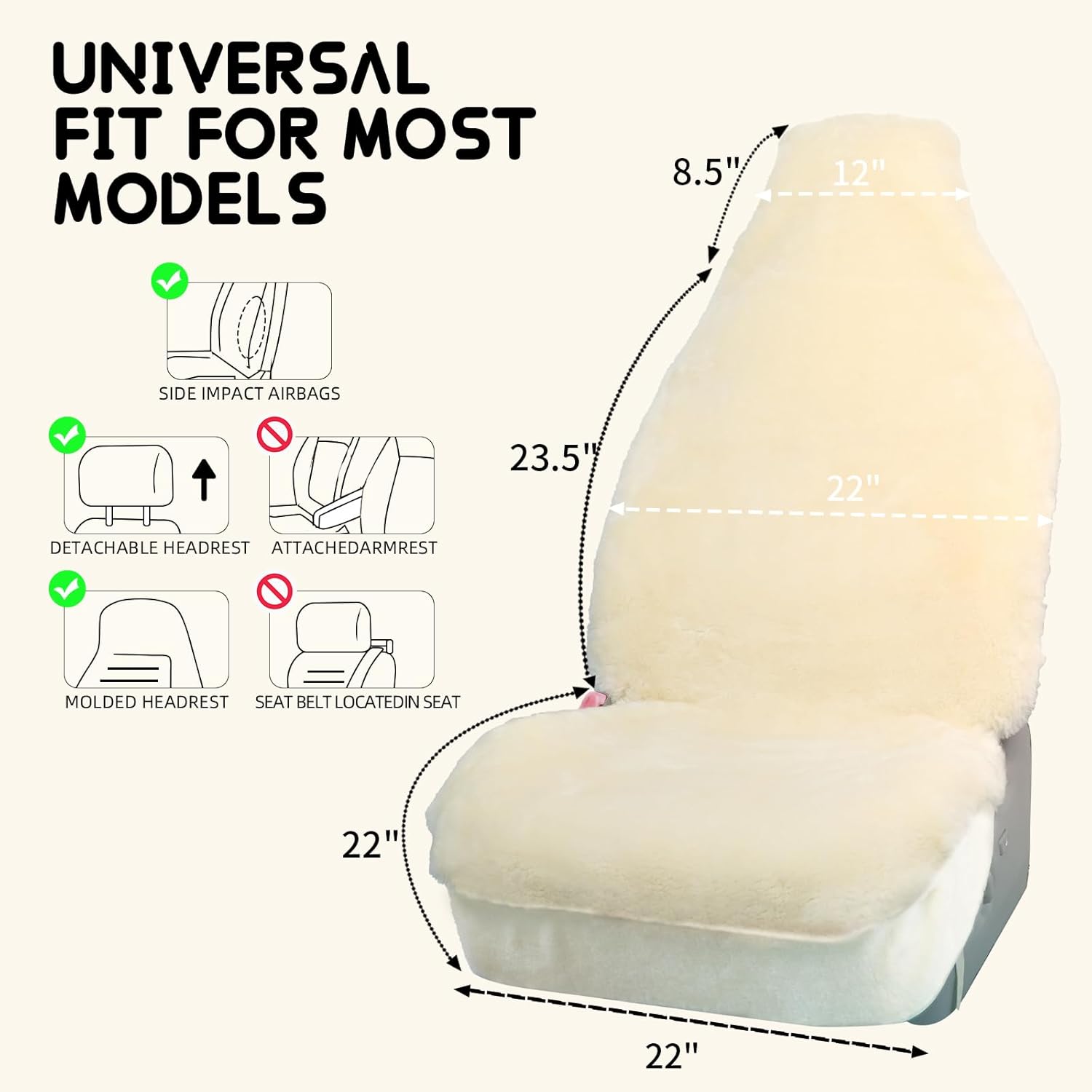 Aegis Cover Sheepskin Seat Cover Genuine Australian Merino Wool Front Seat Cover Luxury Dense Pelt Universal Fit for Most Cars, SUVs, Trucks, Bucket-Style, 54 X 22 Inches (Cream)