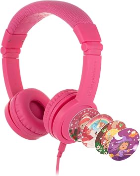 BuddyPhones Explore Plus | Foldable Kids Wired Headphones, Built-in Audio Sharing Cable with in-Line Mic - SafeAudio Volume-Limiting for Kindle, iPad, iPhone, or Android Rose Pink