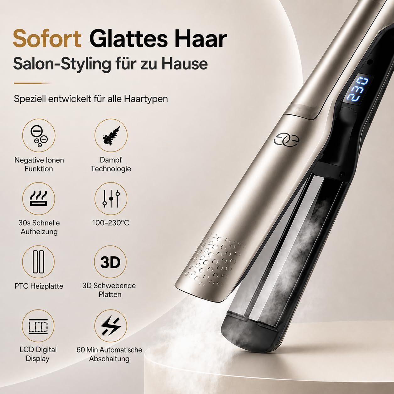 Glätteisen 2-in-1 Professionelles Haarglätter Lockenstab Golden Goods - Dampf & 42mm Breite Titanplatten Keramikbeschichtigung, LCD-Display, 25s schnelles Aufheizen &10 Temperaturstufen 100°C-230°C