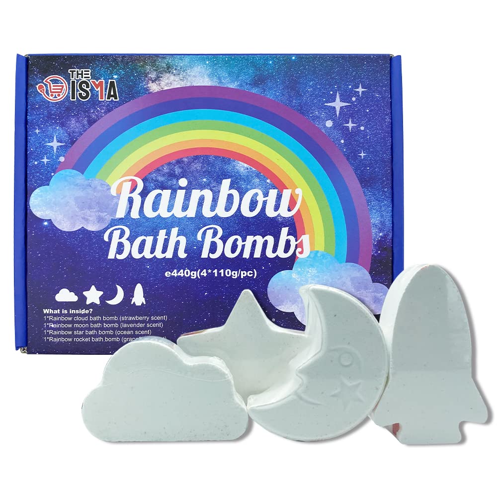 Bath Bombs Gift Set, 4 Unique Rainbow Shaped Bath Bombs - Star, Cloud, Rocket, Moon with Different Scents - Strawberry, Grapefruit, Lavender, Ocean