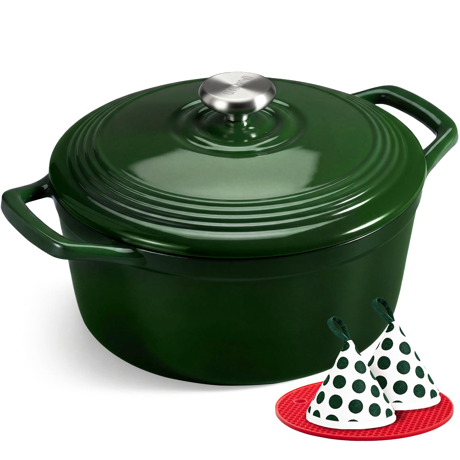 Overmont Enameled Cast Iron Dutch Oven - 5.5QT Pot with Lid Cookbook &amp; Cotton Potholders - Heavy-Duty Cookware for Braising, Stews, Roasting, Bread Baking Bamboo Shadow