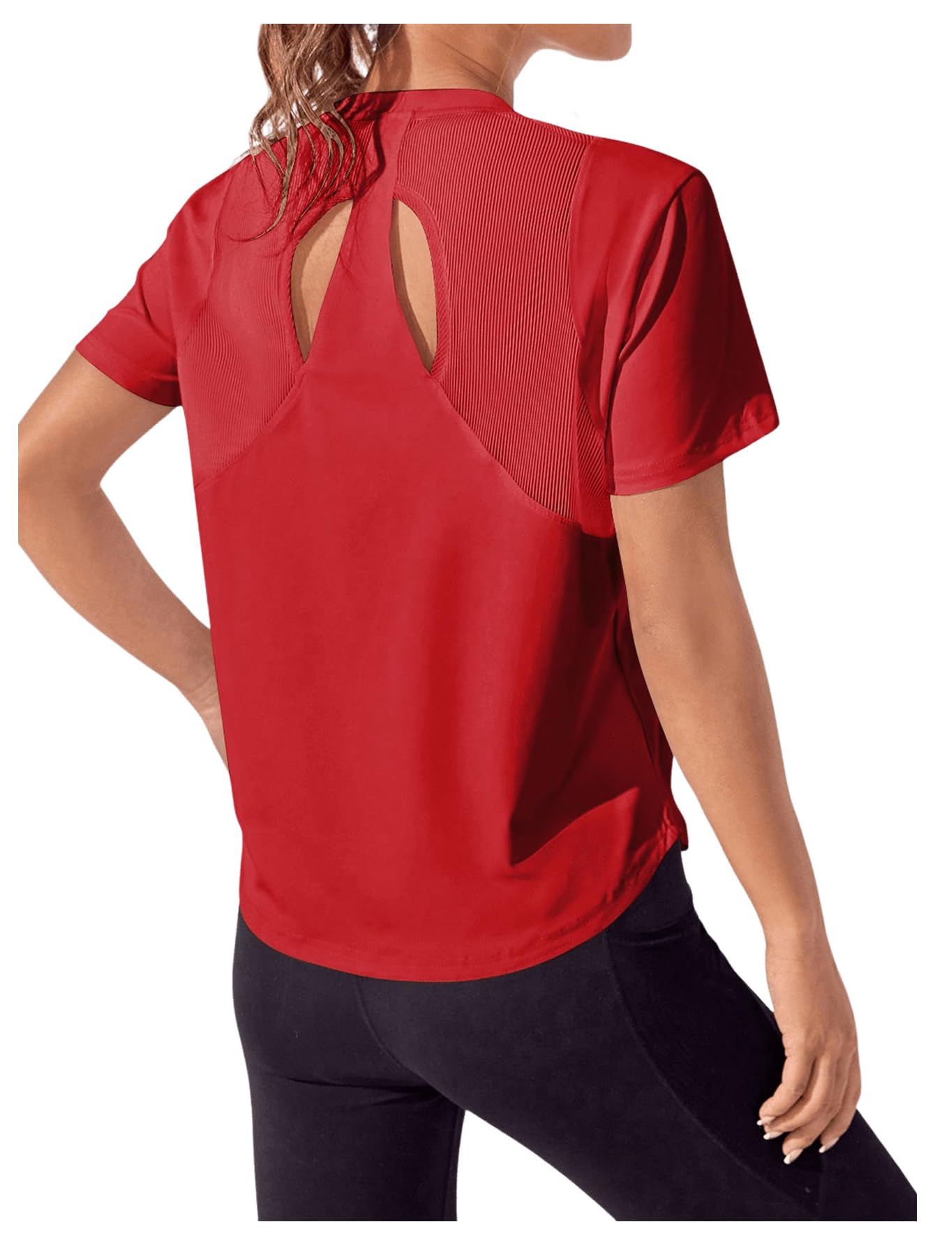 OYOANGLE Women's Mesh Short Sleeve Open Back Workout Top Yoga Running Athletic Tee Shirts