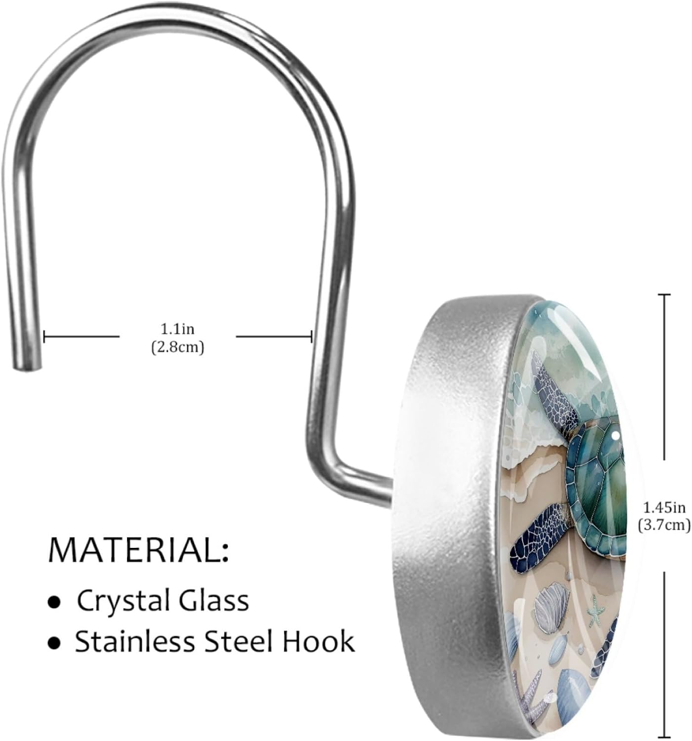 12 PCS Beach Sea Turtle Shower Curtain Hooks, Rustproof Crystal Glass Shower Curtain Rings Decorative Shower Hooks, Round Shower Rings Hangers, Home Bathroom Bedroom Decor